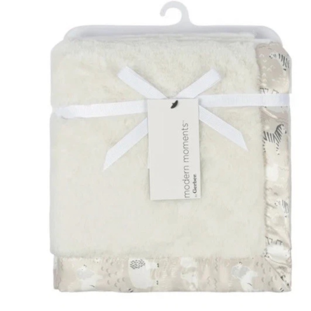 Modern Moments Baby Blanket Satin Trim Safari Zebra Plush Cream